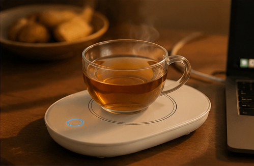 A clear glass teacup filled with amber tea sits on a white heated saucer with a blue indicator light, placed on a wooden table. A laptop is partially visible on the right, and a bowl of pastries is blurred in the background.