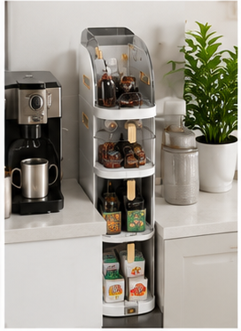 A tall, narrow white and clear plastic spice rack kitchen organizer filled with assorted jars and containers