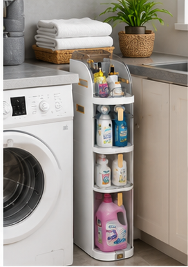 A three-tier corner laundry organizer with a clear plastic top and white shelves, filled with various laundry detergents and bottles, standing next to a white washing machine in a modern laundry room.