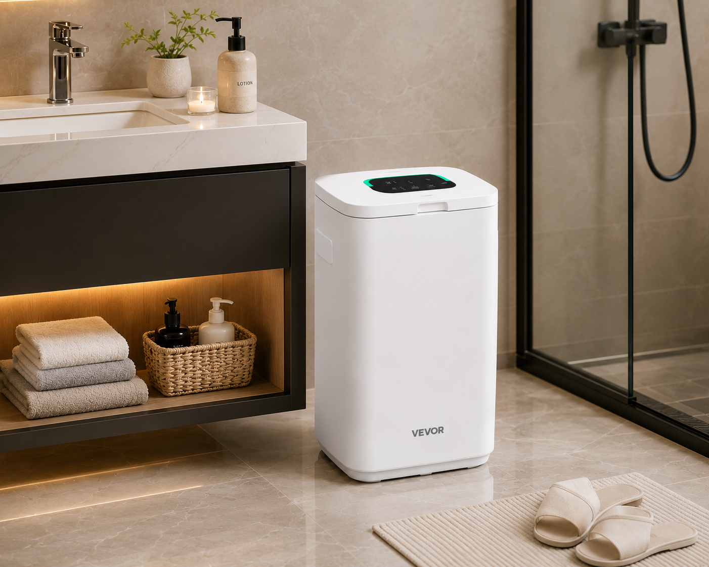 A white VEVOR Bathroom Towel Warmer with a digital display on top, placed next to a modern bathroom in a clean, contemporary bathroom setting.