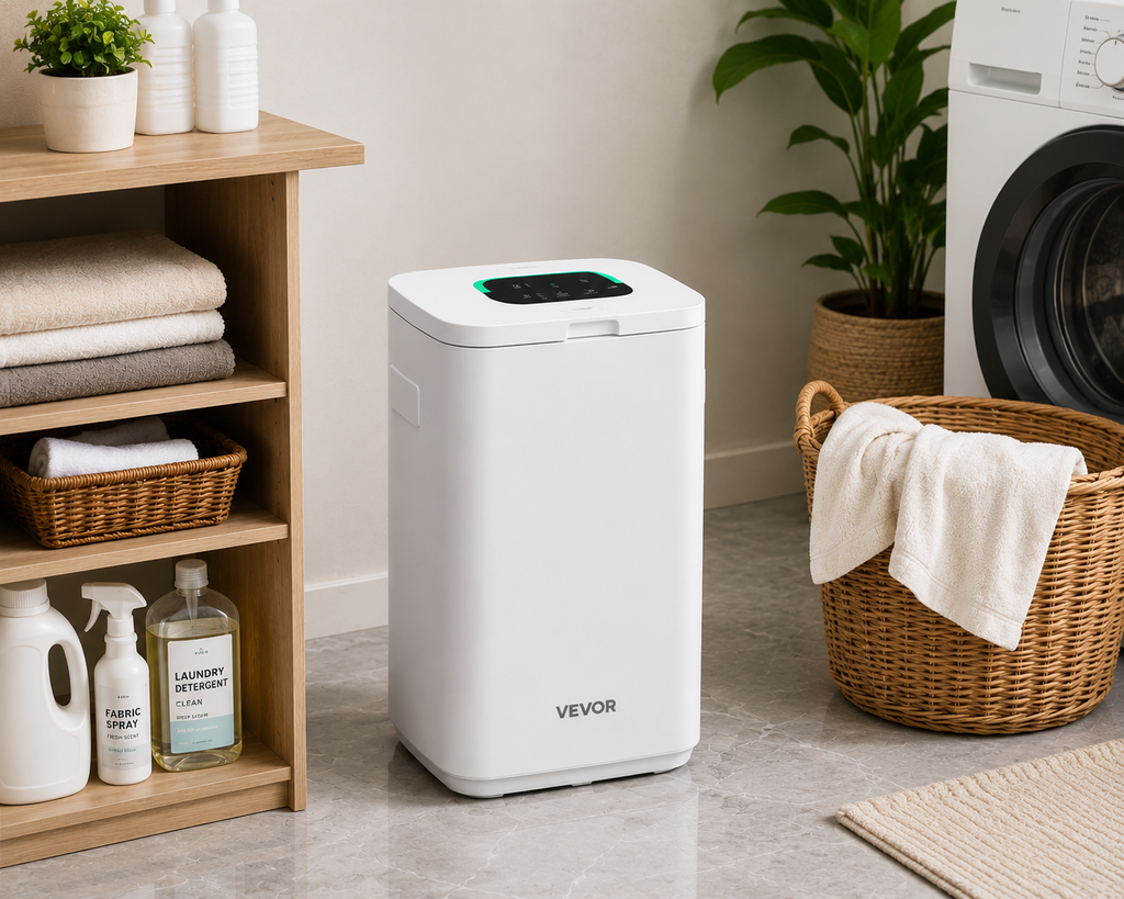 A white VEVOR Heated Towel Warmer dryer vent dryer sits on a gray tile floor in a bright, modern laundry room setting with a wooden shelf, plants, and a washing machine.