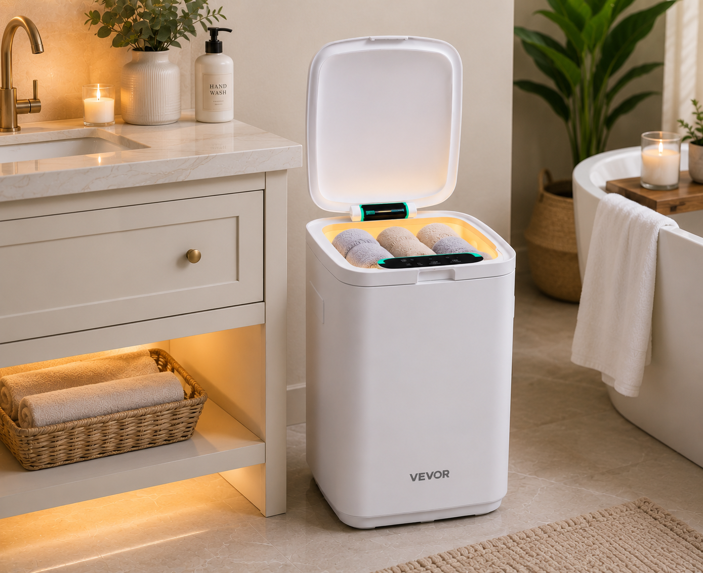 A white VEVOR automatic Home Spa Towel Warmer placed next to a bathroom vanity, with its lid open to reveal rolled towels inside. The bathroom setting includes a marble countertop, a sink, a bathtub with a draped towel, and soft warm lighting.
