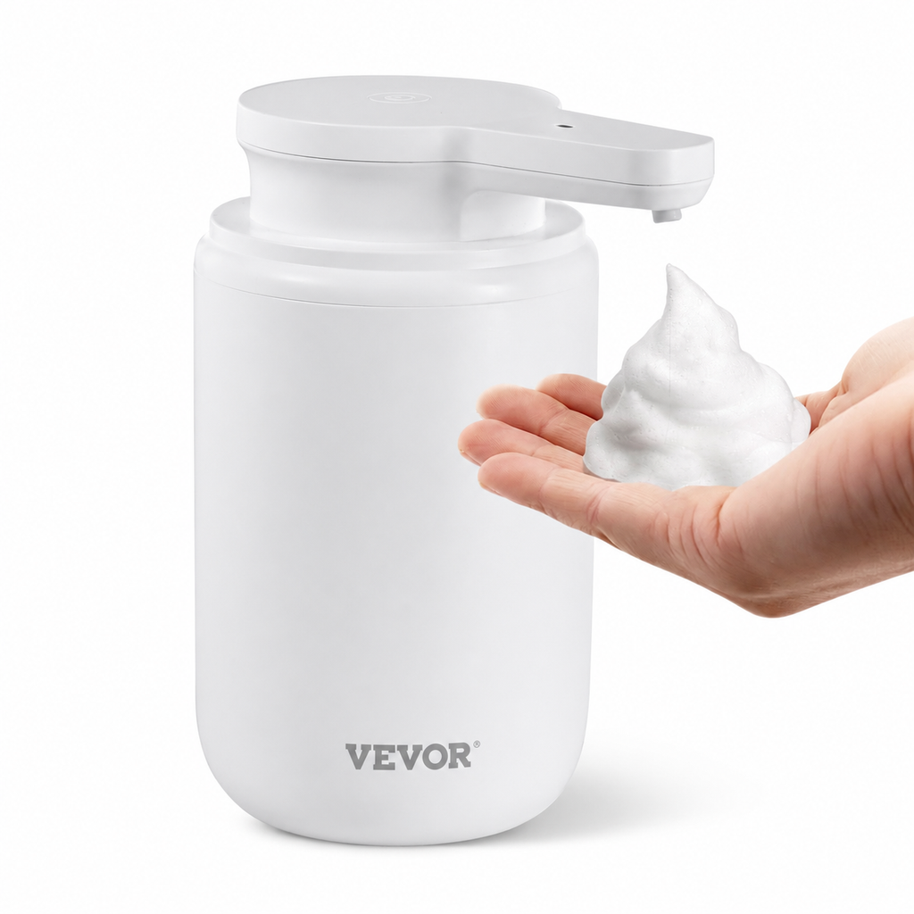 A white VEVOR countertop foam dispenser with a hand holding a dollop of white foam next to it, on a clean white background.
