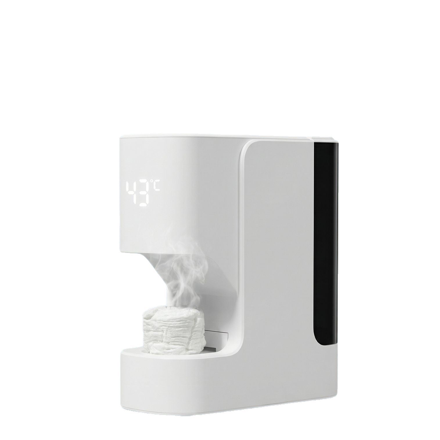 A white automatic toilet paper dispenser with a digital temperature display showing 43°C and a stack of toilet paper emerging from the dispensing slot with steam rising, set against a plain white background.