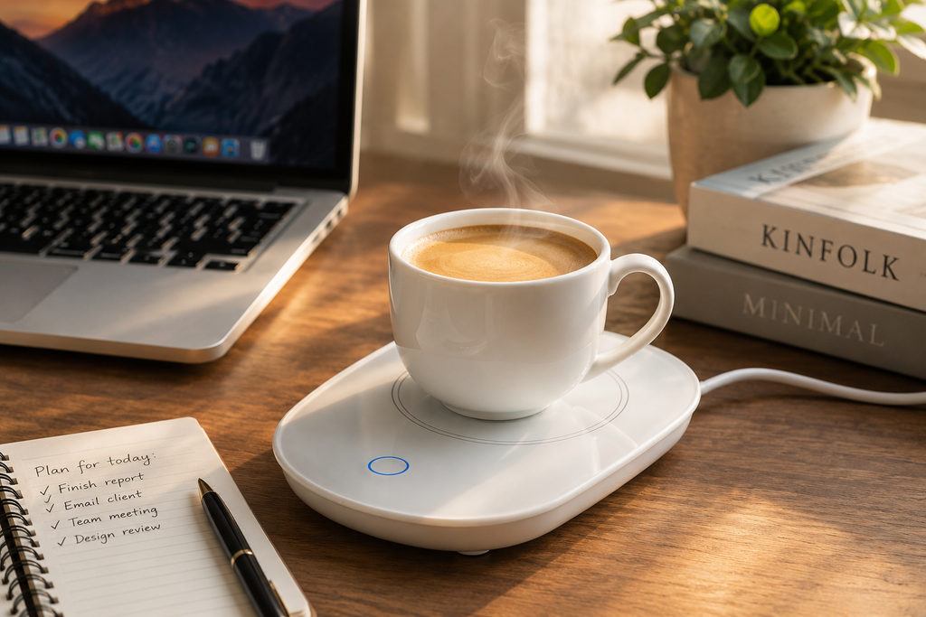 A white ceramic coffee cup sits on a matching white electric coffee mug warmer on a wooden desk. The scene is styled with a laptop, an open notebook with a pen, books, and a small potted plant in the background, creating a warm, cozy workspace atmosphere.