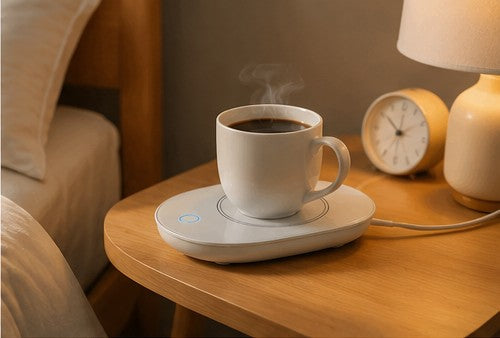 A white ceramic coffee mug sits on a white heated cup warmer base on a wooden bedside table, with steam rising from the coffee. A bedside lamp, a small analog clock, and part of a bed are visible in the softly lit room.