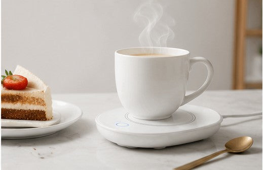 A white ceramic coffee mug sits on a white heated saucer with steam rising from the cup.