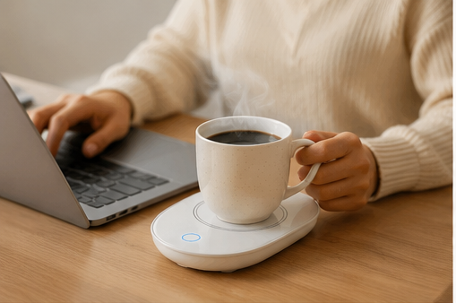A white ceramic mug filled with black coffee sits on a white heated saucer on a wooden desk, with a person in a cream ribbed sweater holding the mug and typing on a laptop in the background.
