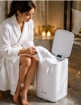 A woman in a white robe sits beside a white VEVOR towel warmer with the lid open, placing a white towel or garment inside. The scene is set in a softly lit bathroom or spa-like interior with candles in the background.