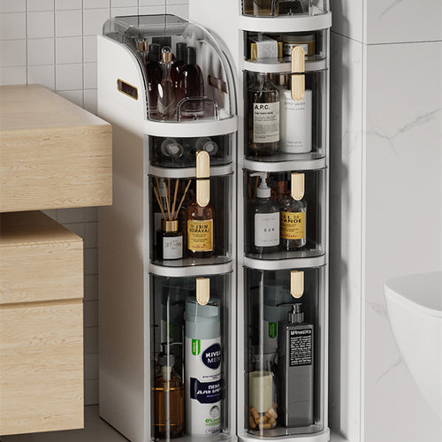 Bathroom and Kitchen cabinet with various bottles and products inside, against a tiled wall.