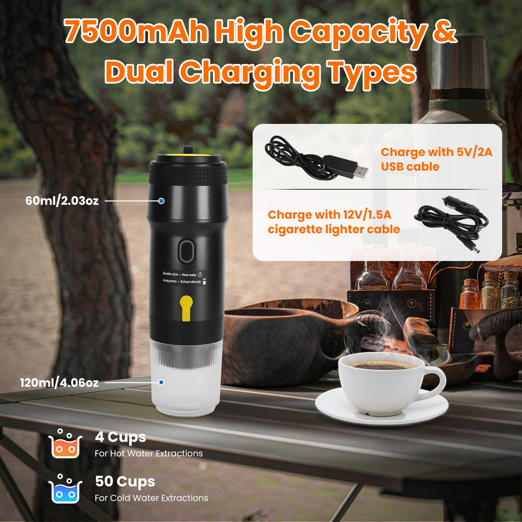 Black portable coffee maker with charging options and a cup of coffee on a table.