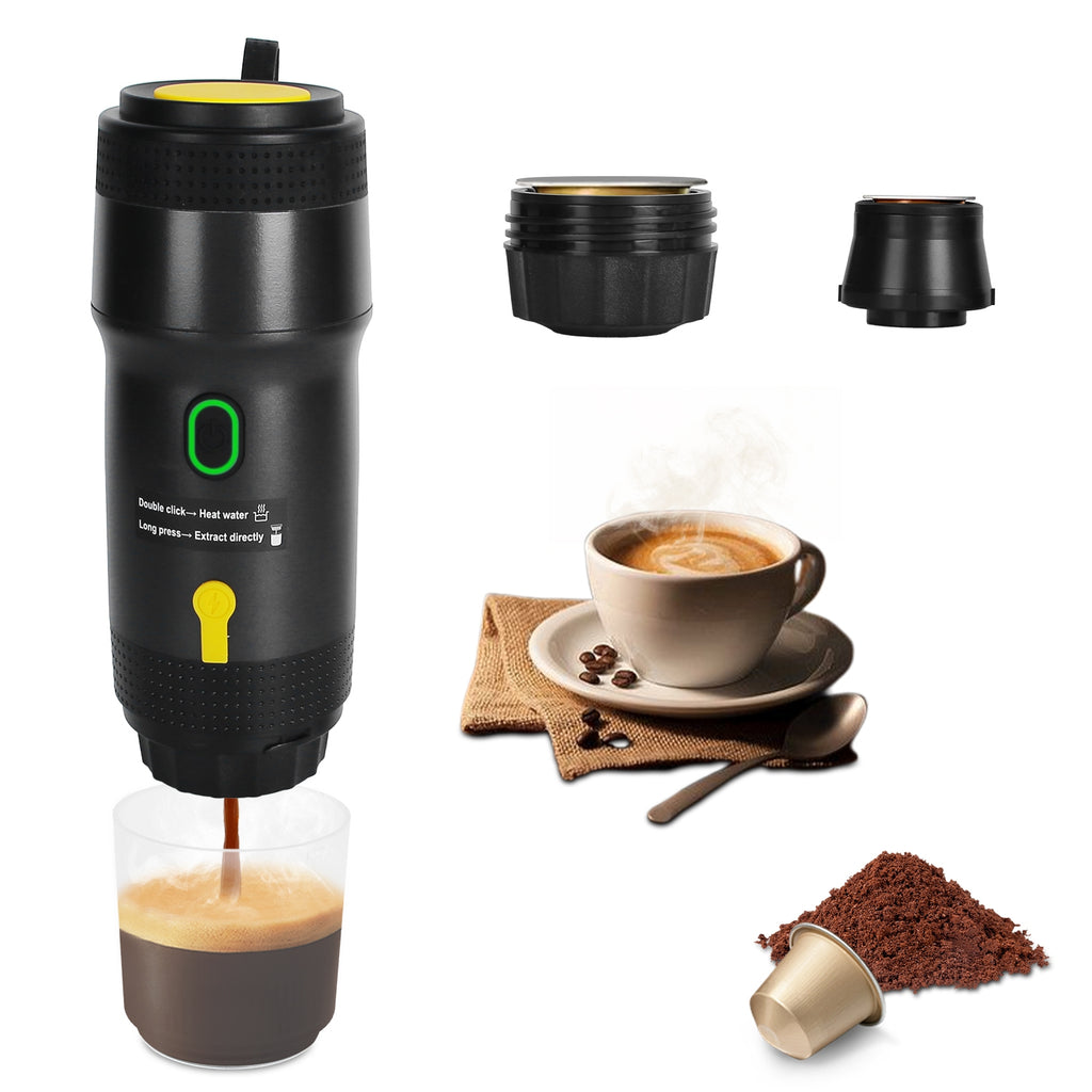 Black portable coffee maker with components and a cup of coffee on a white background