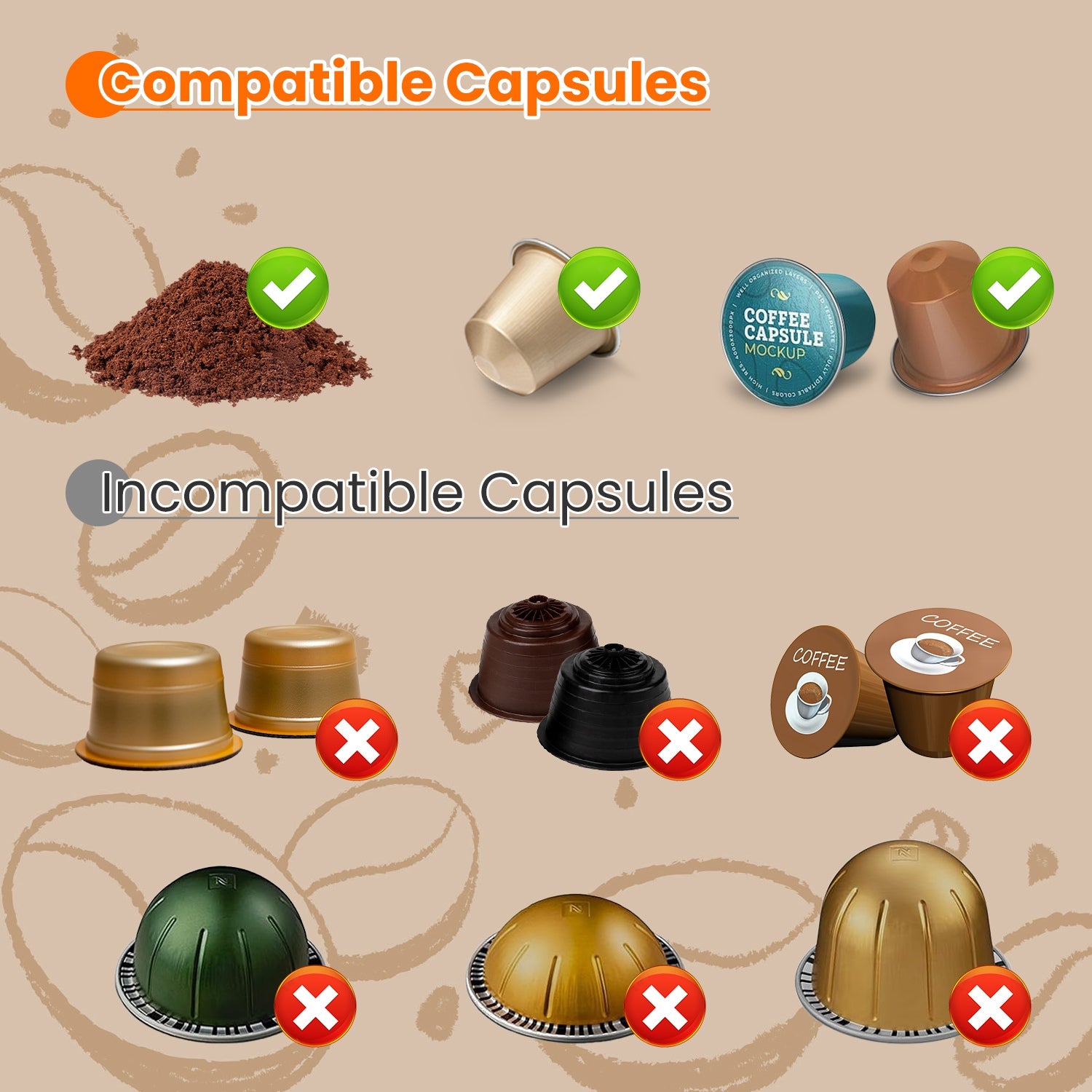 Comparison of compatible and incompatible coffee capsule types on a beige background.