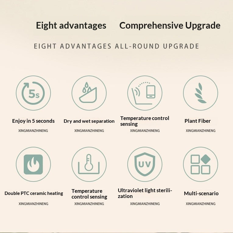Diagram of eight advantages with icons and text on a beige background