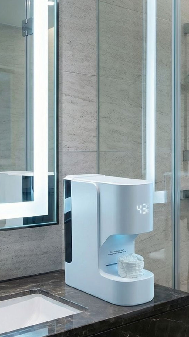 White electronic device on a bathroom counter with tiled walls and a shower in the background.
