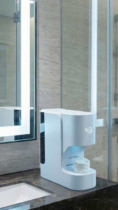 White electronic device on a bathroom counter with tiled walls and a shower in the background.