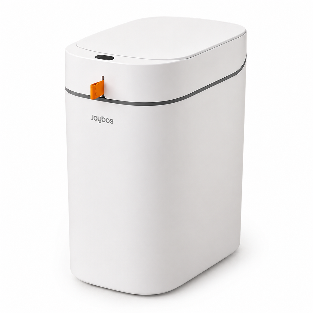 A white Joybos automatic can opener with a sleek, minimalist design, featuring a small orange accent tab and a thin gray line detail on the front, set against a plain white background.