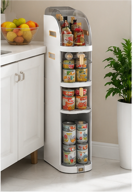 Kitchen pantry storage organizer with spices, sauces, snacks, and dry goods