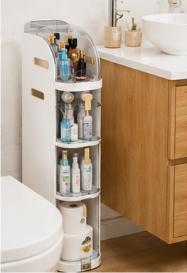Kitchen storage organizer beside countertop storing cooking oils, spices, and kitchen essentials
