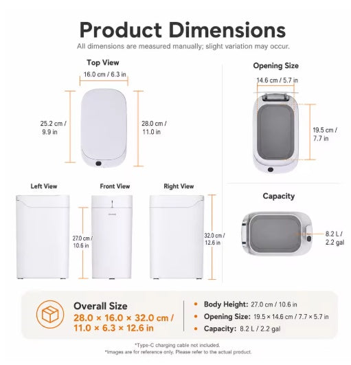 Product dimensions diagram for a white countertop trash bin, showing top, front, left, right, and capacity views with measurements in centimeters and inches on a light gray background.