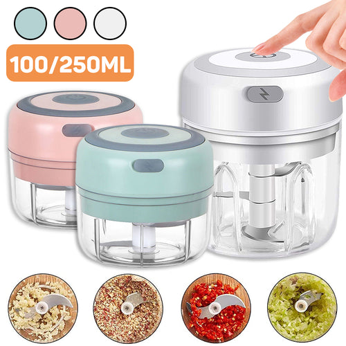 Set of three small food choppers in different colors with a hand pointing to one, surrounded by color swatches and food preparation images.