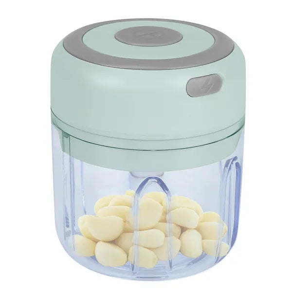 Small kitchen chopper with garlic inside on a white background