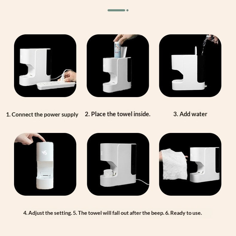 Step-by-step instructions for using a towel dispenser with icons and text.