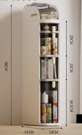 Tall white shelf with various items against a light gray wall