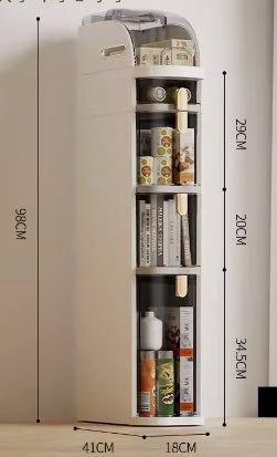 Tall white shelf with various items against a light gray wall