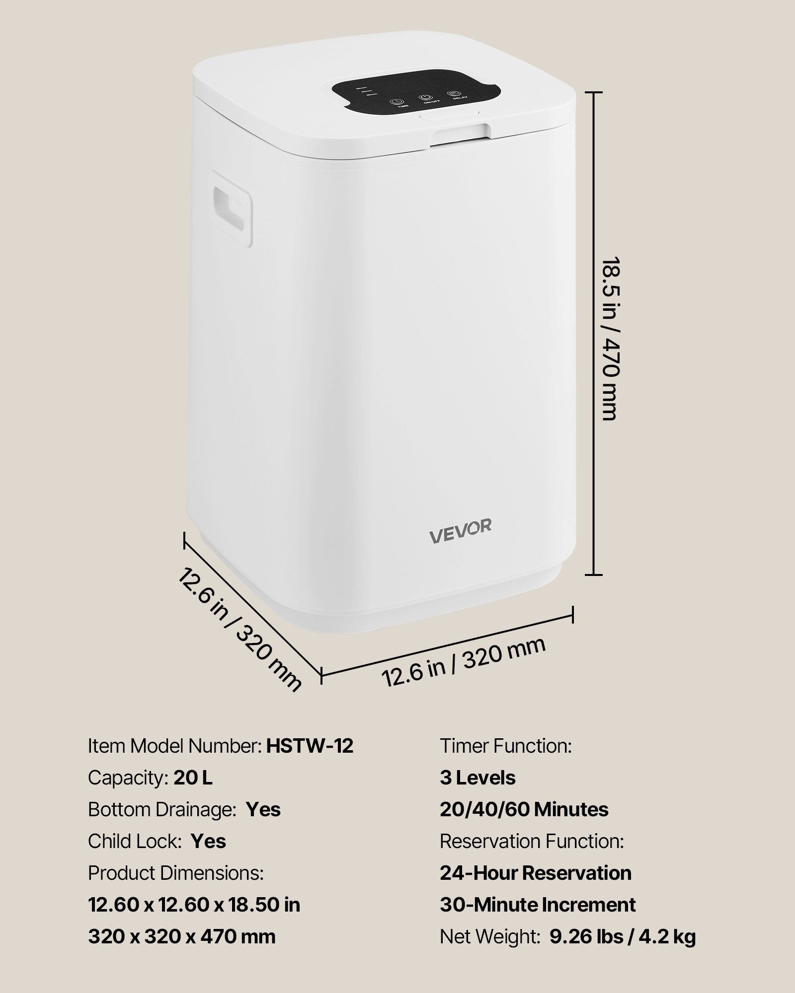White Vevor dehumidifier with dimensions and specifications on a beige background