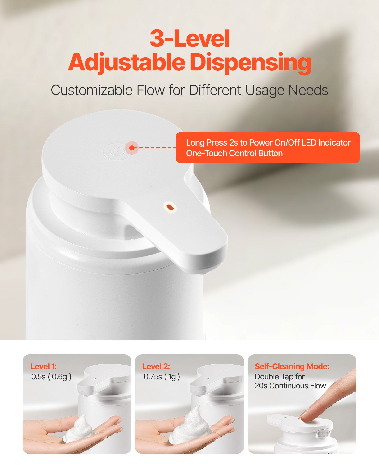 White dispensing device with text on adjustable dispensing levels and usage features.