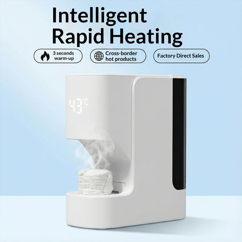 White rapid heating device with digital display on a light blue background, featuring text about quick warm-up time and factory direct sales.