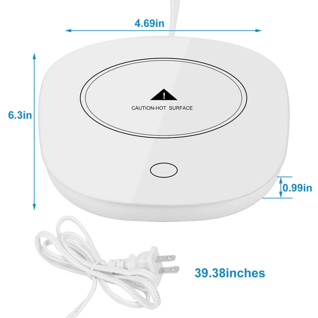 White round heating pad with dimensions labeled on a white background