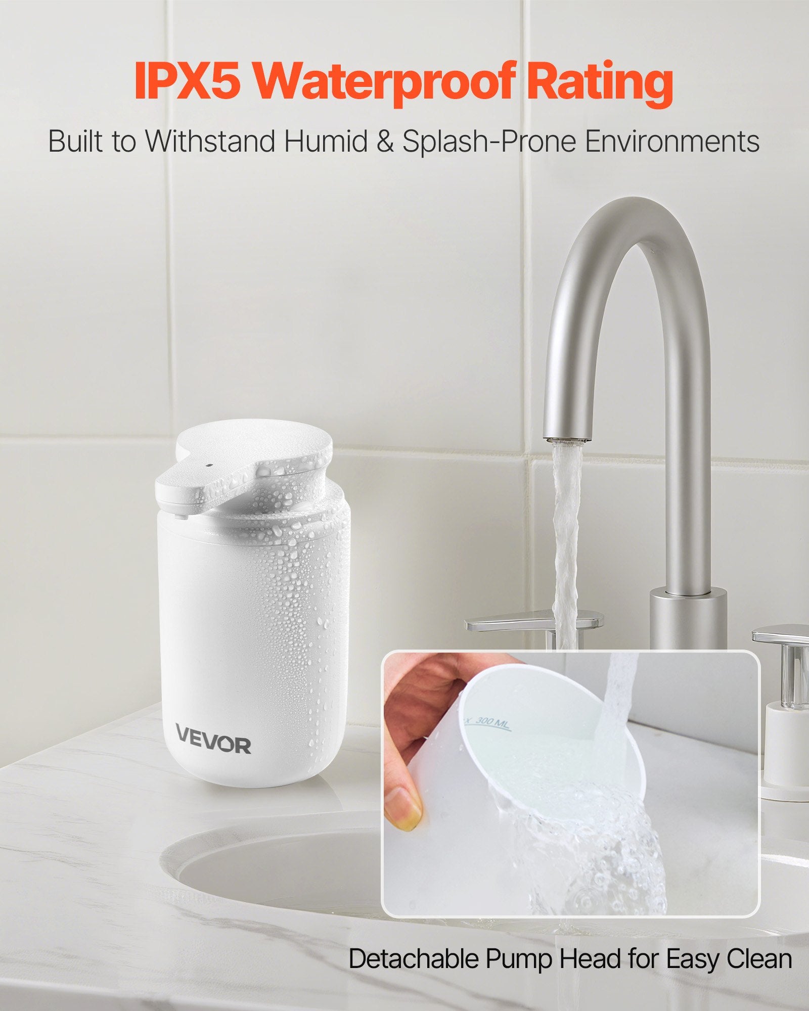 White water filter pitcher with Vevor branding on a kitchen counter, featuring IPX5 waterproof rating text.